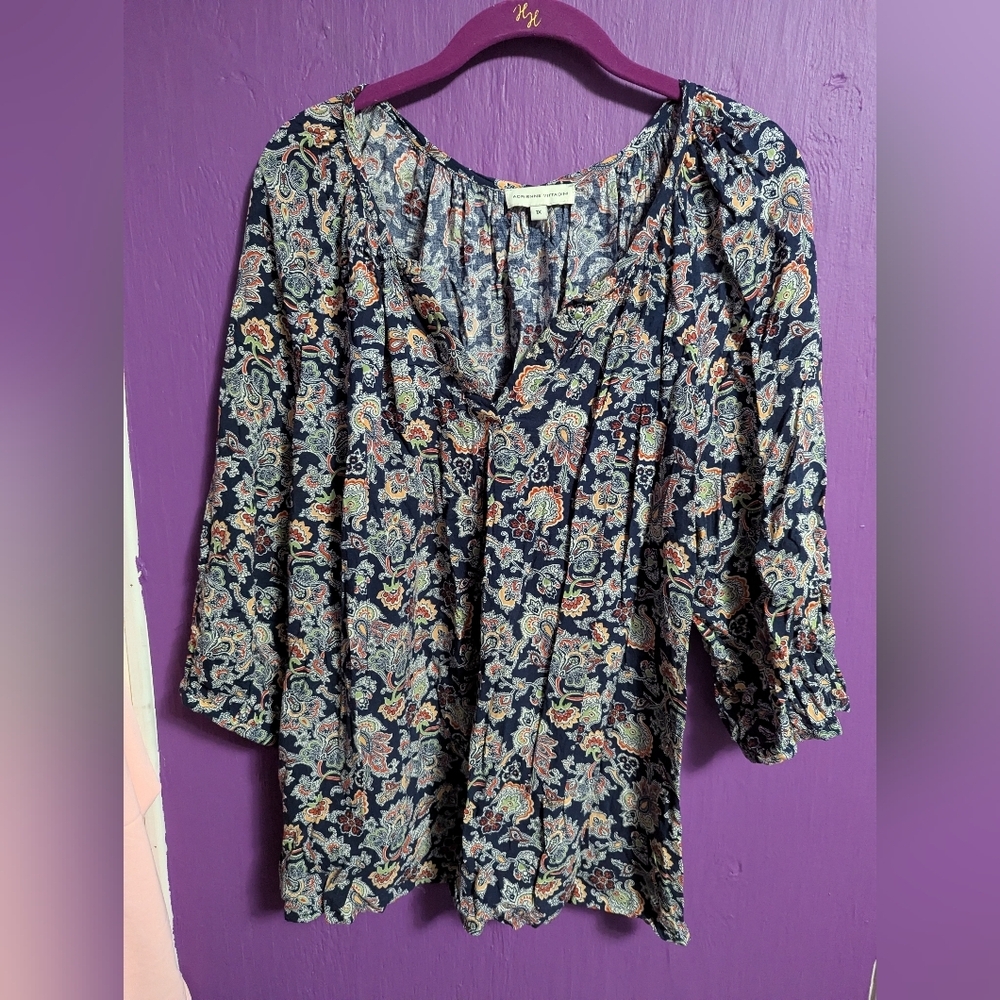 💜 Adrienne Vittadini Navy Floral Paisley Colorful 3/4 Sleeve Blouse 1X 16 18